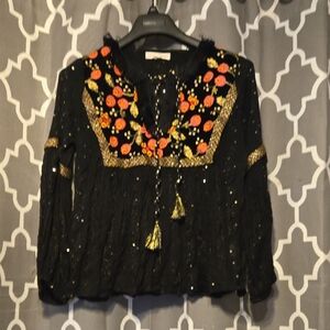 Embroidered Black and Gold Floral Fringe Lovestruck Women's Top Blouse